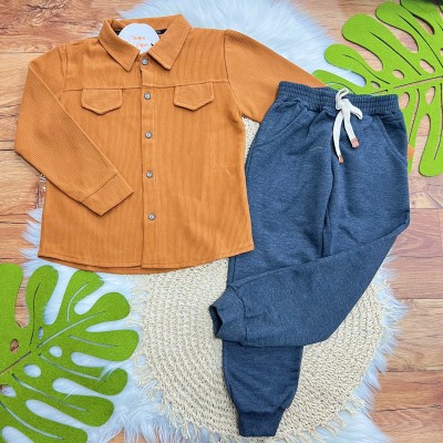 Conj. Camisa Cotele Canelada e Calça de Moletom - Ferrugem e Chumbo